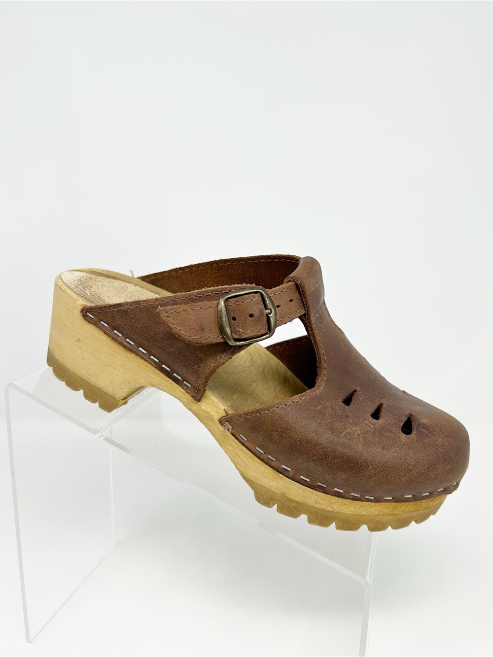 Troentorp Swedish Clogs Women's Brown Leather Wooden Buckle Closed Toe Size 40